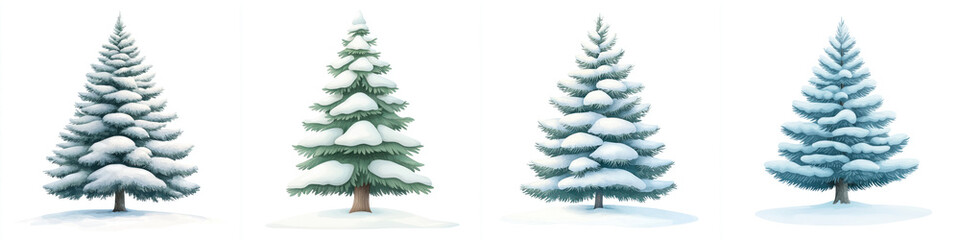 Four snow-covered trees on a white isolated background.