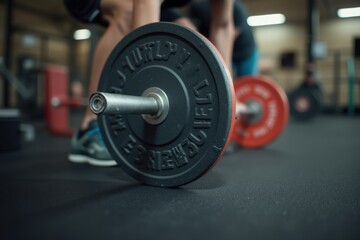 Naklejka premium Intense gym workout with close-up of barbell and weights on gym floor.