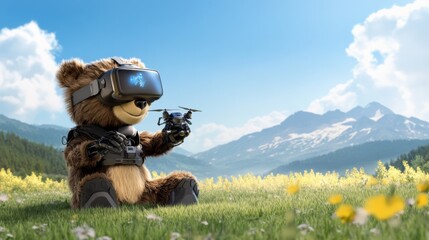 A playful bear wearing virtual reality goggles controls a drone in a vibrant, scenic meadow with mountains in the background.