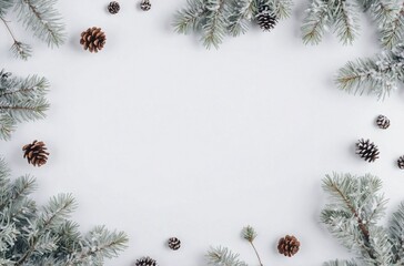 Christmas greeting card. Christmas frame border with copy space. Noel festive background. New year symbol. Fir branches snow and pine cones. Minimal flat lat xmas design
