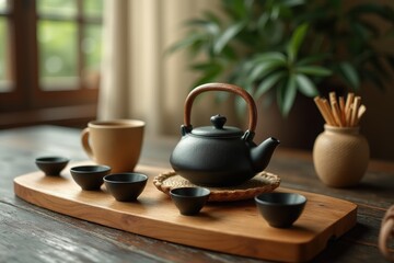 Serene tea ceremony setup with black teapot and cups on wooden tray by window.