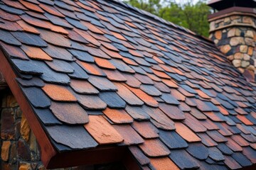 Naklejka premium Close-up of rustic multicolored shingle roof with stone chimney
