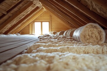 Cozy attic space with rolled natural insulation bathed in warm sunlight