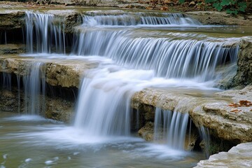 Obraz premium Tranquil cascading waterfall over natural stone steps in serene woodland setting