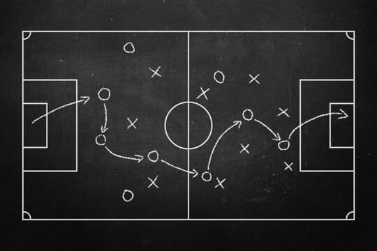 Chalk soccer strategy. Football team strategy and play tactic, soccer cup championship chalkboard game formation vector illustration set. Blackboard and chalkboard, soccer team strategy