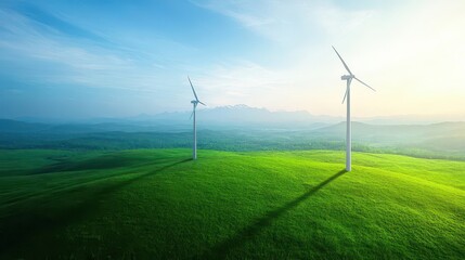 Wind turbines casting shadows on lush grass, watercolor landscape showcasing renewable energy technology