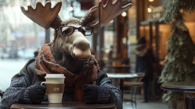 Hipster moose enjoying a warm coffee at a cozy outdoor cafe, dressed in winter attire with scarf and glasses. Video made using Generative AI.