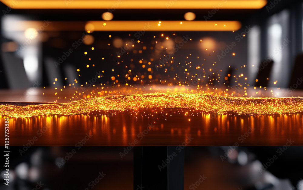 Poster A shimmering display of golden particles floats above a dark surface, creating a magical, enchanting atmosphere in a warm environment.