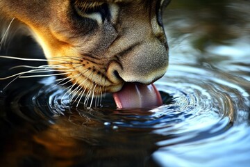 Majestic lioness drinking from rippling water surface in tranquil natural setting