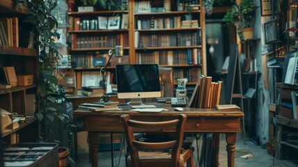 Cozy Home Office with Books and Desktop Computer