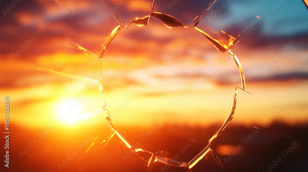 Poster A vibrant sunset is framed by a broken glass circle, creating a striking contrast of colors and textures against a serene sky.