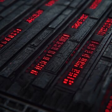 Intricate red code patterns on a dark surface highlighting digital technology concepts