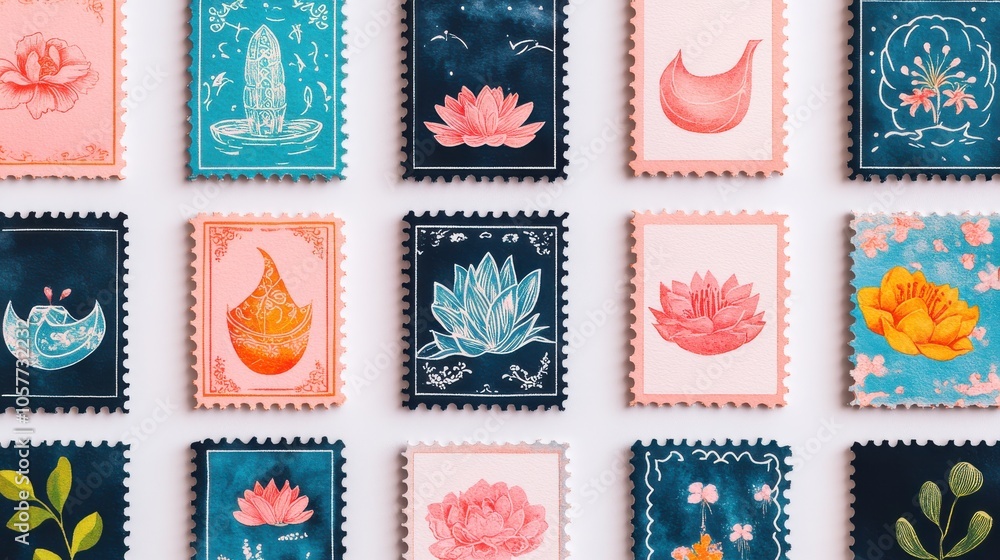 Poster colorful stamp graphics in multiple rows