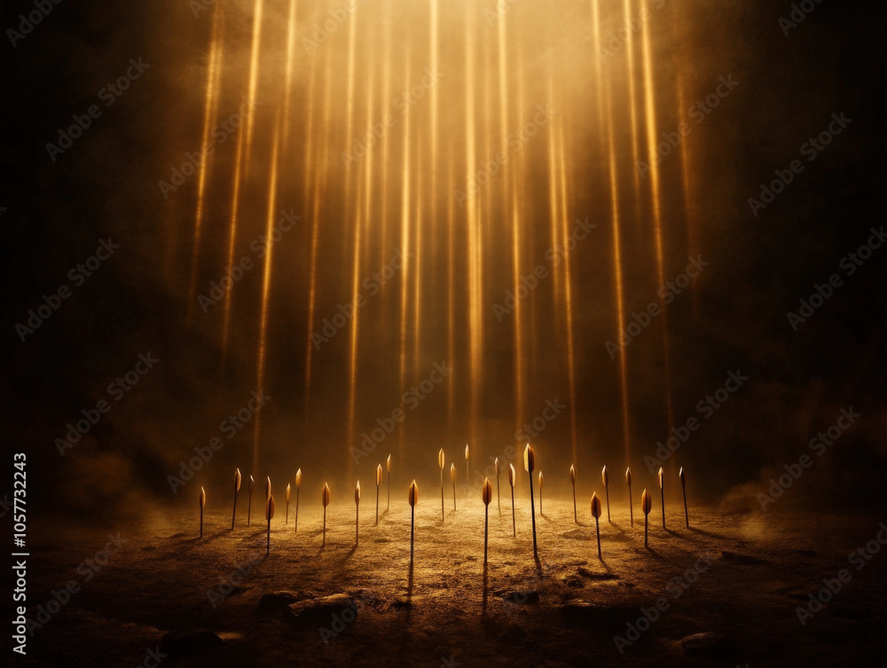 Poster a dramatic scene features beams of light piercing through darkness, illuminating a ground scattered 