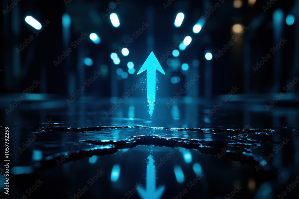 Leinwandbilder a glowing blue arrow points upward, reflected on a wet surface, surrounded by atmospheric lighting, 