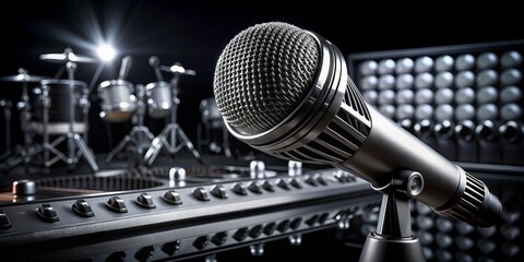 Microphone Close-up in a Recording Studio with Drum Set and Soundboard in the Background