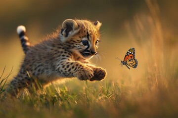 Playful cheetah cub chasing butterfly in golden light of african savannah