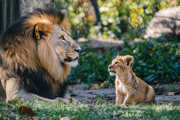 Obraz premium Majestic lion and curious cub in natural habitat