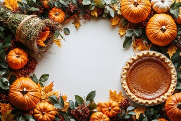 Autumn harvest feast: pumpkin pie and seasonal decor with cornucopia and leaves