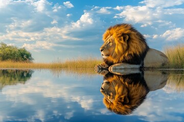 Majestic lion resting by a serene water reflection under a cloudy sky