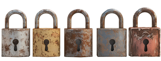 Set of Five Rusty Padlocks   Vintage Metal Security Hardware