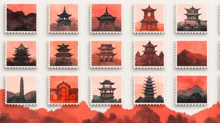 Colorful Stamps Collection with Architectural Themes
