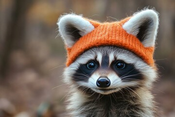 Naklejka premium Cute raccoon in orange knitted hat in forest