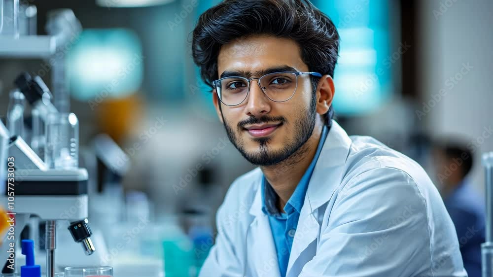 Poster a young man in a lab coat smiles at the camera while working in a lab