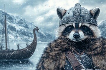 Viking raccoon warrior in snowy fjord with longship