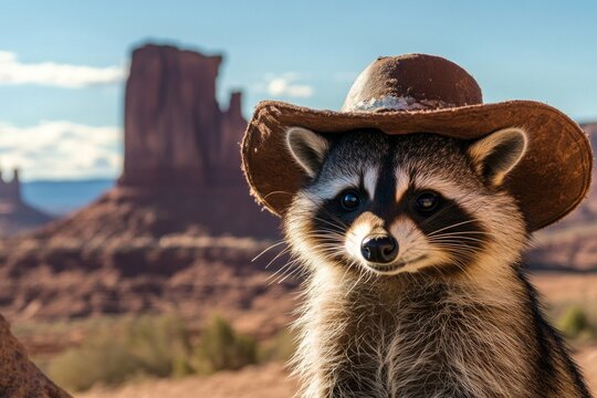 Raccoon dressed in cowboy hat in desert setting with rock formations