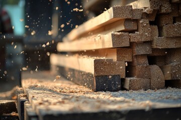 Sawdust flying from wood sawing in sunlit workshop showcasing rustic carpentry skills