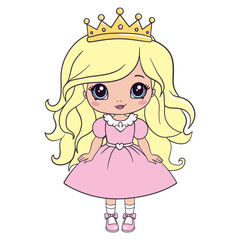 The princess is a sweet little princess. A hand-drawn beautiful, pretty, romantic curly-haired girl Princess. Vector illustration.