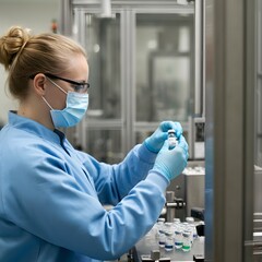 a high-tech pharmaceutical factory, a dedicated worker manages vaccine vials, Pharmaceutical Manufacturing,, Healthcare Technology
