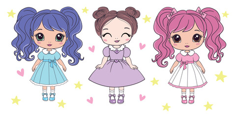 The princess is a sweet little princess. A hand-drawn beautiful, pretty, romantic curly-haired girl Princess. Vector illustration.