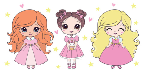 The princess is a sweet little princess. A hand-drawn beautiful, pretty, romantic curly-haired girl Princess. Vector illustration.