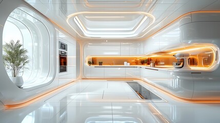A futuristic kitchen with sleek white surfaces, warm orange lighting, and cutting-edge appliances, embodying modern luxury.
