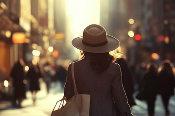 Woman in hat strolling through sunlit city street at dusk