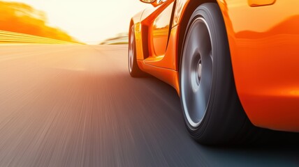 A vibrant orange sports car speeds down a race track, showcasing its sleek design and performance against a blurred background.