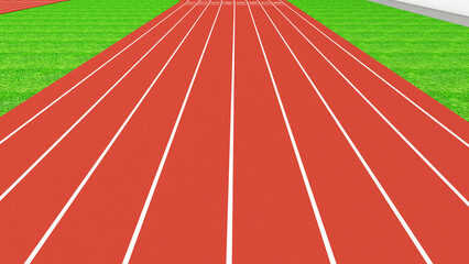 Sports field running track and red runway competition in sports game, straight view, 3d rendering.