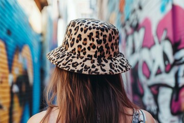 Woman in leopard print hat exploring colorful urban alley