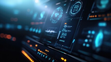 Fototapeta premium Digital Control Room with Monitors and Interfaces