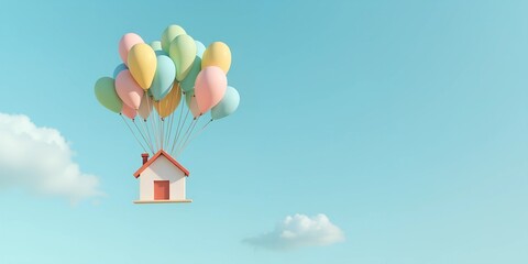Colorful Balloons Lifting a Miniature House Against a Blue Sky

