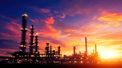 Sunset Over Oil Refinery Plant with Glowing Lights
