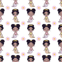 Mermaids girls vector pattern. Cute cartoon card with little mermaid seamless pattern. Fish, mermaid under the sea cartoon style