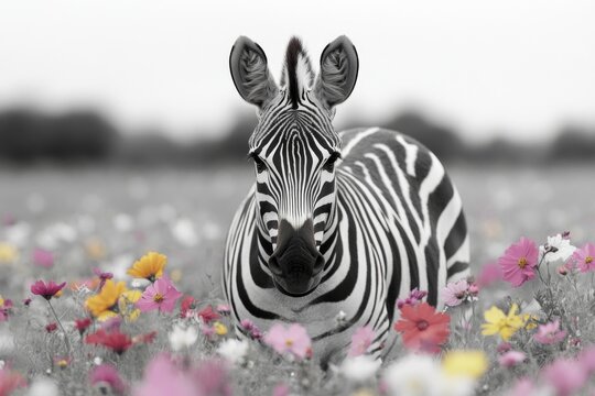 Zebra among colorful wildflowers in black and white landscape - Powered by Adobe