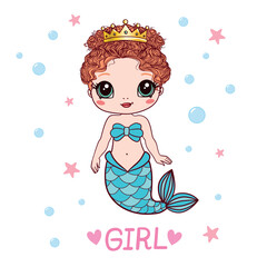 Beautiful little mermaid. Siren. Sea theme. Hand drawn vector illustration on a white background.
