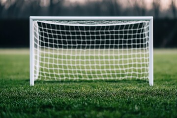 Fototapeta premium Soccer goal on a green field, natural light, clear sky in the background.