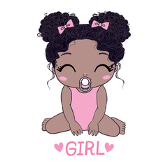 Cute baby girl sitting and smiling. Active dark skin baby of 3-12 months dressed in baby clothes. First years baby development. African ethnicity child. Vector illustration in pastel colors.