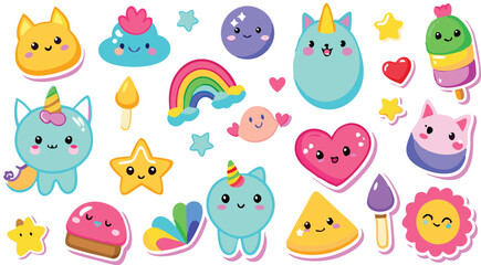 Fototapeta premium Cute Kawaii Stickers Collection Animals, Food, Hearts, Stars