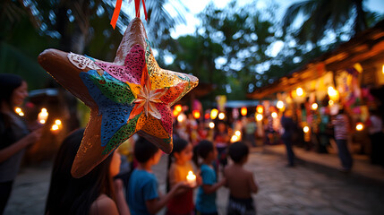A group of people are gathered around a star-shaped lantern